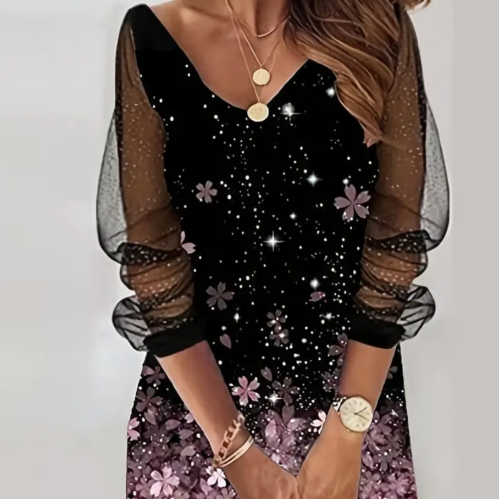 Printed Sheer Sleeve Mini Party Dress